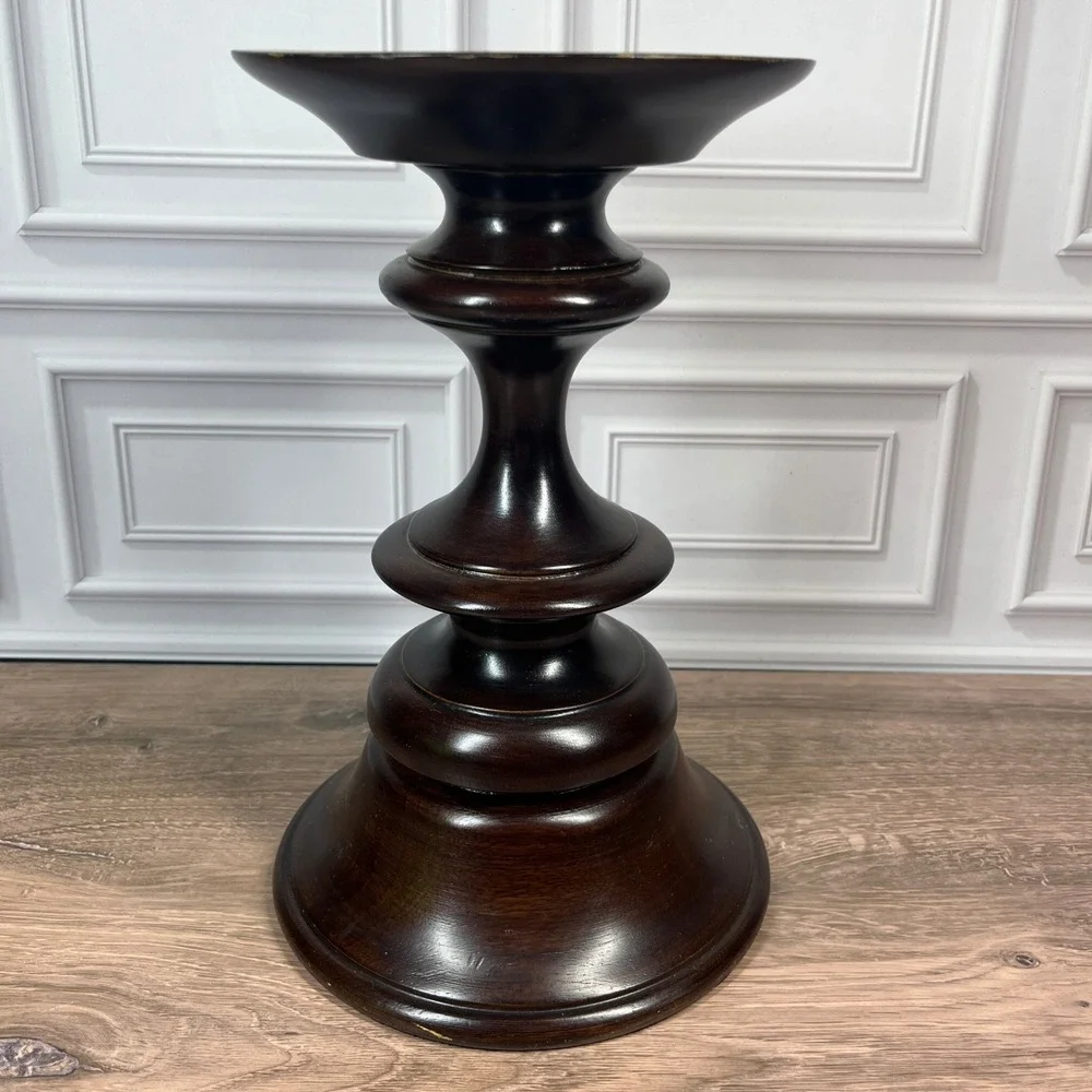 Pottery Barn Turned Wood Pillar Candle Holder Set 2 10in Dark Brown Espresso